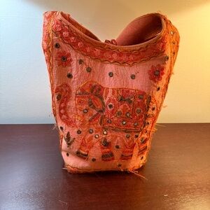Beautiful handcrafted Indian silk bag with embroidered elephant and mirror work